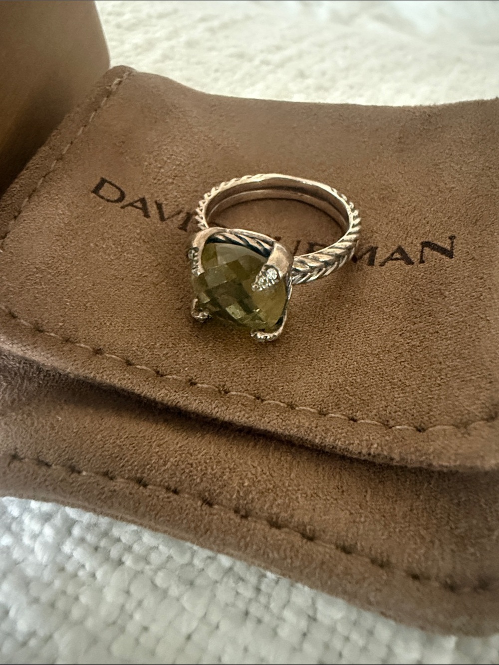 David Yurman Sterling Rope Ring with Green-brown Gemstone - Picture 2 of 6